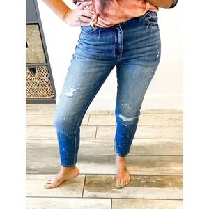 KanCan High Rise Mom Distressed Jeans Straight Tapered Leg Paint Splatter Sz 28